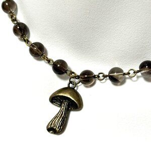Natural Smoky Quartz Short Necklace, Genuine Gemstone + Bronze Slim Mushroom